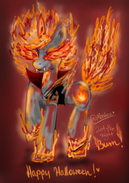 Size: 2893x4092 | Tagged: safe, artist:mashee, derpibooru import, oc, oc:fire light, demon, demon pony, original species, pony, unicorn, burning, clothes, costume, female, fire, glow, glowing horn, gradient background, gray coat, halloween, halloween costume, happy, holiday, hooves, hooves up, horn, hot, image, leather, looking at you, mane of fire, mare, png, solo, standing