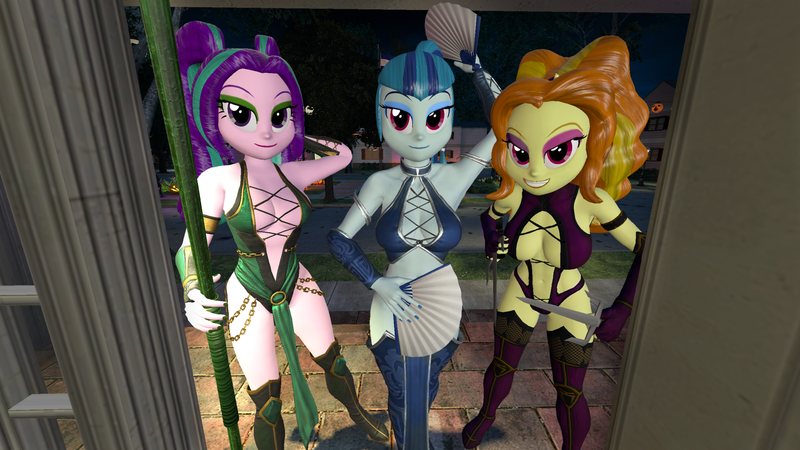 Size: 2560x1440 | Tagged: safe, artist:oatmeal!, derpibooru import, adagio dazzle, aria blaze, sonata dusk, human, equestria girls, g4, 3d, boots, breasts, cleavage, clothes, costume, decoration, fans, female, fighting game, gmod, halloween, halloween costume, holding, holiday, humanized, image, jade, kitana, leotard, mileena, mortal kombat, night, ninja, png, pose, sai, shoes, staff, standing, the dazzlings, trick or treat, trio, trio female, weapon