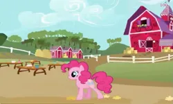 Size: 1251x750 | Tagged: safe, derpibooru import, pinkie pie, g4, collect cupcakes lick ponies, female, flash game, image, jpeg, solo, sweet apple acres, sweet apple acres barn, youtube link