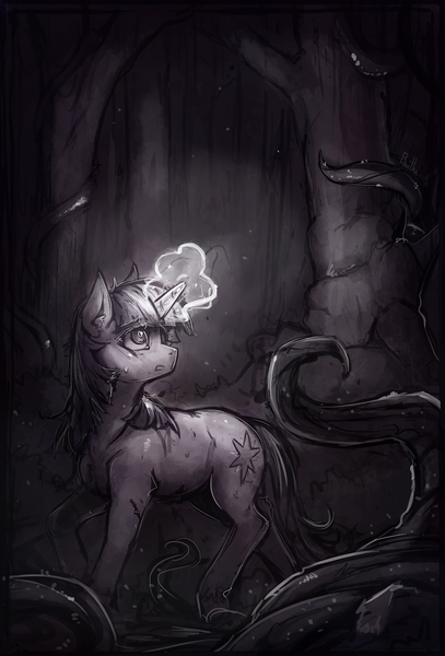 Size: 1301x1920 | Tagged: safe, artist:bantha, derpibooru import, twilight sparkle, pony, unicorn, forest, horror, image, magic, monochrome, nature, png, roots, scared, solo, tree, unicorn twilight