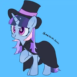 Size: 4096x4096 | Tagged: safe, artist:metaruscarlet, derpibooru import, oc, oc:flawless sparklemoon, unofficial characters only, pony, unicorn, blue background, cape, clothes, fanart, fusion, fusion:trixie, fusion:twilight sparkle, fusion:twixie, hat, hoof on chest, horn, image, my little pony the movie: the death of twilight sparkle, png, raised hoof, simple background, solo, starry eyes, stars, unicorn oc, wingding eyes