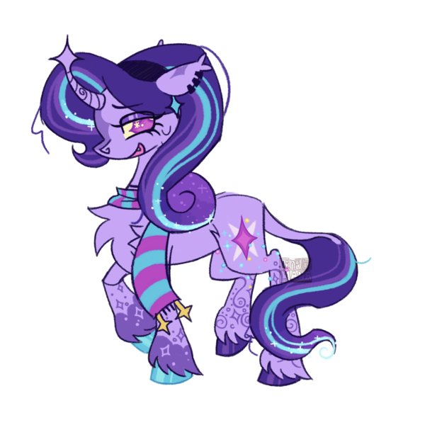 Size: 2048x2048 | Tagged: safe, artist:cingulomana, derpibooru import, starlight glimmer, pony, unicorn, g4, alternate color palette, alternate cutie mark, alternate design, alternate eye color, alternate tailstyle, chest fluff, clothes, coat markings, colored, colored fetlocks, colored hooves, colored sclera, curved horn, cutie mark accessory, cutie mark earrings, ear markings, ear piercing, ear tufts, earring, eyebrows, eyebrows visible through hair, eyelashes, eyeshadow, fangs, female, flat colors, floppy ears, headband, high res, hooves, horn, image, jewelry, leg markings, leonine tail, lidded eyes, long mane, looking back, makeup, mare, mismatched hooves, multicolored hooves, open mouth, open smile, piercing, pink eyes, png, profile, purple coat, purple eyeshadow, purple mane, purple tail, raised hoof, scarf, shiny hooves, shoulder fluff, simple background, smiling, solo, standing, standing on two hooves, striped scarf, sweat, sweatdrop, swirls, swirly markings, tail, three toned mane, three toned tail, transparent background, unique horn, unshorn fetlocks, watermark, wavy mane, wavy tail, yellow sclera