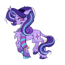 Size: 2048x2048 | Tagged: safe, artist:cingulomana, derpibooru import, starlight glimmer, pony, unicorn, g4, alternate color palette, alternate cutie mark, alternate design, alternate eye color, alternate tailstyle, chest fluff, clothes, coat markings, colored, colored fetlocks, colored hooves, colored sclera, curved horn, cutie mark accessory, cutie mark earrings, ear markings, ear piercing, ear tufts, earring, eyebrows, eyebrows visible through hair, eyelashes, eyeshadow, fangs, female, flat colors, floppy ears, headband, high res, hooves, horn, image, jewelry, leg markings, leonine tail, lidded eyes, long mane, looking back, makeup, mare, mismatched hooves, multicolored hooves, open mouth, open smile, piercing, pink eyes, png, profile, purple coat, purple eyeshadow, purple mane, purple tail, raised hoof, scarf, shiny hooves, shoulder fluff, simple background, smiling, solo, standing, standing on two hooves, striped scarf, sweat, sweatdrop, swirls, swirly markings, tail, three toned mane, three toned tail, transparent background, unique horn, unshorn fetlocks, watermark, wavy mane, wavy tail, yellow sclera