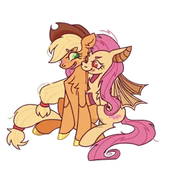 Size: 2048x2048 | Tagged: safe, artist:cingulomana, derpibooru import, applejack, fluttershy, bat pony, earth pony, pony, g4, applejack's hat, bat ponified, biting, blonde mane, blonde tail, blood, blush scribble, blushing, chest fluff, colored, colored eyebrows, colored hooves, colored pinnae, colored pupils, cowboy hat, duo, duo female, ear fluff, eyebrows, eyebrows visible through hair, eyelashes, fangs, female, flat colors, flutterbat, freckles, green eyes, green pupils, grin, hair tie, halloween, hat, high res, holiday, hooves, image, lesbian, looking at someone, mane tie, mare, narrowed eyes, nervous, nervous grin, open mouth, open smile, orange coat, pink mane, pink tail, png, profile, race swap, red eyes, red pupils, shiny hooves, ship:appleshy, shipping, shoulder fluff, simple background, sitting, slit pupils, smiling, smiling at someone, spread wings, stetson, tail, tail tie, three quarter view, tied mane, tied tail, transparent background, watermark, wings, yellow coat, yellow hooves