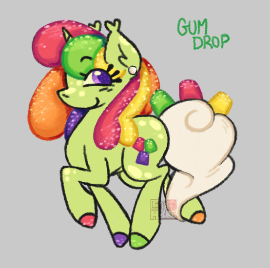 Size: 554x550 | Tagged: safe, artist:cingulomana, derpibooru import, oc, oc:gum drop, ponified, unofficial characters only, candy pony, food pony, original species, pony, unicorn, g4, blush lines, blushing, coat markings, colored hooves, colored pupils, curly mane, curly tail, ear fluff, ear piercing, ear tufts, earring, edible mane, edible tail, eye clipping through hair, eyebrows, eyebrows visible through hair, facial markings, female, female oc, food, food in tail, gray background, green coat, green text, gumdrop, hooves, horn, image, jewelry, jpeg, leg markings, looking back, mare, mare oc, mismatched hooves, multicolored hooves, piercing, prancing, profile, purple eyes, purple pupils, raised hoof, raised leg, shiny hooves, simple background, smiling, spots, tail, unicorn horn, unicorn oc, watermark, white tail