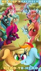 Size: 1007x1750 | Tagged: suggestive, artist:jamescorck, derpibooru import, applejack, big macintosh, cozy glow, mina, ocellus, pinkie pie, queen chrysalis, rainbow dash, tempest shadow, trixie, changedling, changeling, changeling queen, dragon, earth pony, pegasus, pony, unicorn, fanfic, g4, competition, fanfic art, fanfic cover, female, horn, image, mare, no nut november, png, smiling, smirk