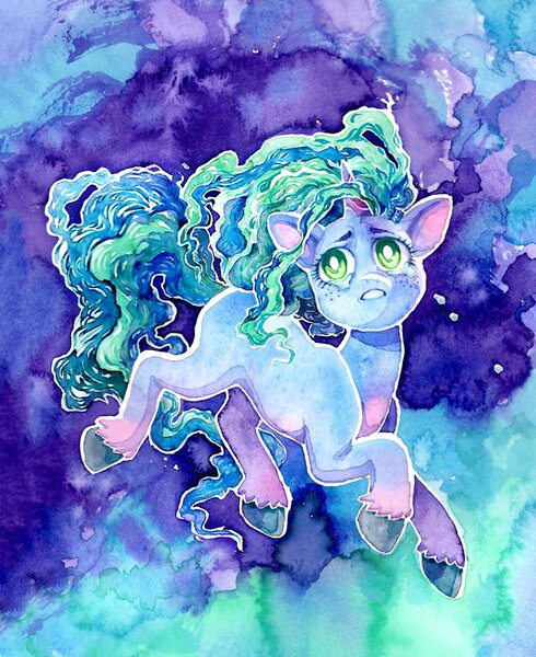 Size: 979x1200 | Tagged: safe, artist:fleebites, derpibooru import, pony, unicorn, g5, abstract background, crying, female, horn, image, jpeg, mare, misty brightdawn, solo, traditional art, watercolor painting