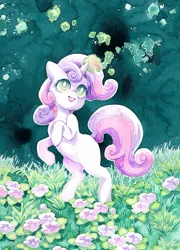 Size: 725x1007 | Tagged: safe, artist:fleebites, derpibooru import, sweetie belle, pony, unicorn, g4, female, filly, flower, foal, horn, image, jpeg, magic, rearing, solo, traditional art, watercolor painting