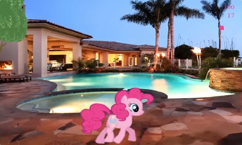 Size: 1253x750 | Tagged: safe, derpibooru import, pinkie pie, g4, collect cupcakes lick ponies, female, flash game, house, image, jpeg, palm tree, solo, swimming pool, tree, youtube link