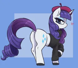 Size: 3000x2600 | Tagged: suggestive, artist:t72b, derpibooru import, rarity, pony, unicorn, beatnik rarity, bedroom eyes, beret, butt, clothes, female, hat, horn, image, looking at you, mare, passepartout, plot, png, raised hoof, seductive look, simple background, solo, sweater