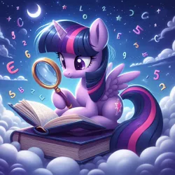 Size: 1024x1024 | Tagged: safe, ai content, derpibooru import, machine learning generated, prompter:bluey2309, twilight sparkle, twilight sparkle (alicorn), alicorn, g4, book, female, image, jpeg, magnifying glass, moon, solo