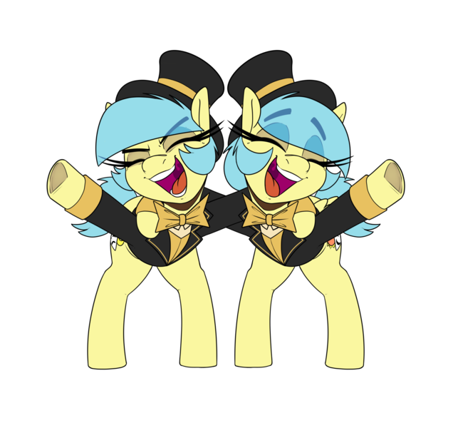 Size: 2400x2240 | Tagged: safe, artist:lockheart, derpibooru import, oc, oc:matinée, oc:soirée, unofficial characters only, earth pony, pegasus, pony, bowtie, clothes, duo, duo female, eye clipping through hair, eyebrows, eyebrows visible through hair, eyes closed, female, frog (hoof), hat, image, long eyelashes, mare fair, open mouth, open smile, png, smiling, snowpity inc., top hat, tuxedo, underhoof