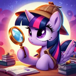 Size: 1024x1024 | Tagged: safe, ai content, derpibooru import, machine learning generated, prompter:bluey2309, g4, book, deerstalker, detective, female, hat, image, jpeg, magnifying glass, moon, sherlock sparkle