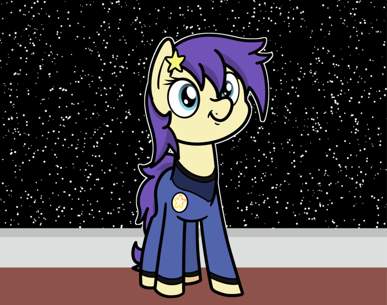 Size: 2048x1617 | Tagged: safe, artist:ewoudcponies, derpibooru import, part of a set, star dancer, earth pony, pony, g4, clothes, female, image, looking at you, mare, png, smiling, smiling at you, solo, space, spaceship, uniform