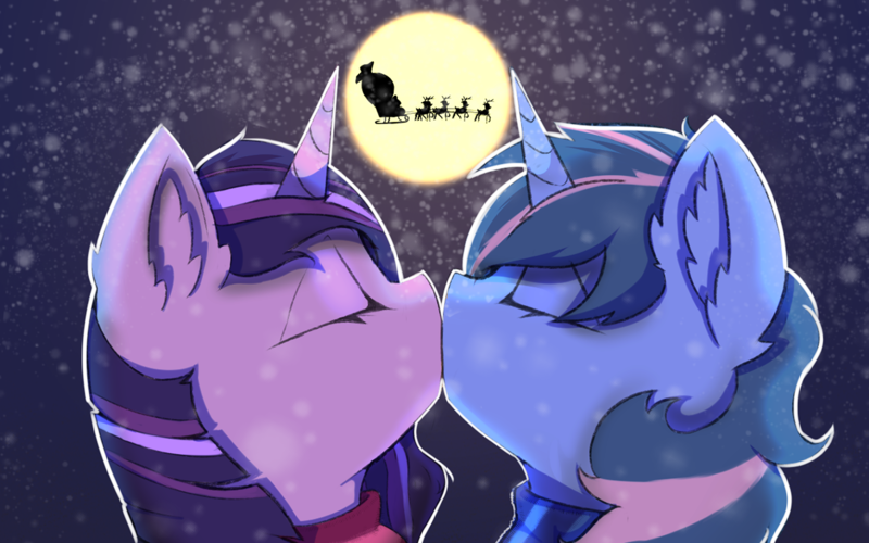 Size: 4000x2500 | Tagged: safe, artist:skylarty, derpibooru import, unicorn, christmas, commission, couple, eyes closed, holiday, horn, image, kissing, png, prize, santa claus, snow, snowfall