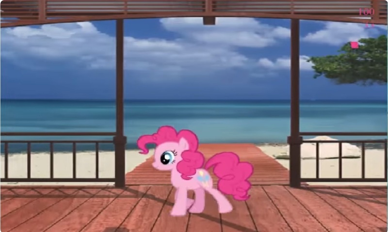 Size: 1252x750 | Tagged: safe, derpibooru import, pinkie pie, earth pony, g4, collect cupcakes lick ponies, female, flash game, image, jpeg, solo, tropical, youtube link