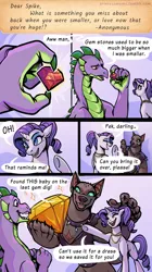 Size: 2166x3860 | Tagged: safe, artist:overlordneon, derpibooru import, rarity, spike, oc, oc:pek, diamond dog, dragon, pony, unicorn, g4, alternate hairstyle, ask, comic, diamond dog oc, female, female diamond dog, gem, high res, horn, image, jpeg, male, mare, older, older spike, open mouth, open smile, smiling, trio, tumblr