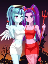 Size: 900x1200 | Tagged: suggestive, artist:riouku, derpibooru import, aria blaze, sonata dusk, demon, equestria girls, g4, angel, bedroom eyes, belly, belly button, blushing, bra, breasts, choker, clothes, costume, devil, devil horns, duo, duo female, female, females only, fishnet clothing, fishnets, hairband, halloween, halloween costume, halo, holiday, horns, image, midriff, pitchfork, png, skirt, socks, stockings, thigh highs, underwear