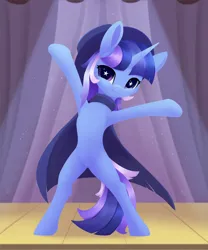 Size: 2020x2430 | Tagged: safe, alternate version, artist:dusthiel, derpibooru import, oc, oc:flawless sparklemoon, pony, unicorn, bipedal, cape, clothes, female, fusion, fusion:trixie, fusion:twilight sparkle, fusion:twixie, hat, horn, image, mare, my little pony the movie: the death of twilight sparkle, png, pose, smiling, spotlight, stage