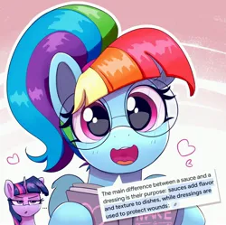 Size: 3522x3505 | Tagged: safe, artist:pabbley, derpibooru import, rainbow dash, twilight sparkle, pegasus, pony, unicorn, g4, alternate hairstyle, artificial intelligence, book, cute, dashabetes, dialogue, duo, duo female, female, glasses, google, horn, image, jpeg, manebow sparkle, mare, ponytail, rainbow dumb, round glasses, solo focus, speech bubble, talking to viewer, wrong