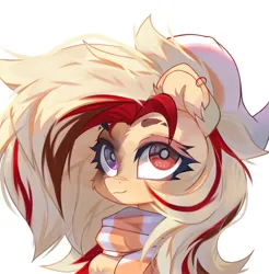 Size: 3941x4011 | Tagged: safe, artist:jfrxd, derpibooru import, oc, oc:kyra, unofficial characters only, pegasus, pony, big eyes, cheek fluff, clothes, ear fluff, ear piercing, earring, eyebrow slit, eyebrows, female, floating eyebrows, heterochromia, image, jewelry, piercing, png, scarf, simple background, solo, solo female, striped scarf, white background