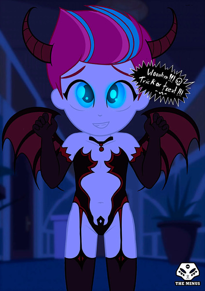 Size: 707x1000 | Tagged: questionable, artist:theminus, banned from derpibooru, derpibooru import, zipp storm, succubus, equestria girls, g4, g5, belly button, breasts, child, clothes, costume, dark room, delicious flat chest, demon wings, devil horns, dialogue, female, glowing eyes, halloween, halloween costume, holiday, image, jpeg, light blue eyes, lolicon, looking at you, open smile, scaring, screaming, short hair, smiling, smiling at you, solo, solo female, teeth, text, trick or treat, two toned hair, underage, wings