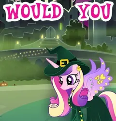 Size: 339x353 | Tagged: safe, derpibooru import, princess cadance, alicorn, pony, g4, clothes, cropped, dress, english, female, gameloft, hat, horn, image, mare, meme, png, solo, text, witch costume, witch hat, wow! glimmer