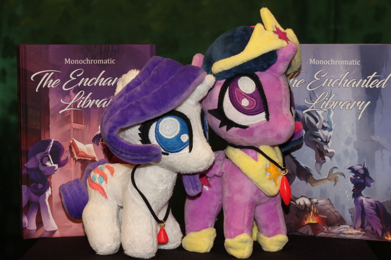 Size: 4752x3168 | Tagged: safe, artist:hellishnya, derpibooru import, rarity, twilight sparkle, twilight sparkle (alicorn), alicorn, pony, unicorn, fanfic:the enchanted kingdom, fanfic:the enchanted library, g4, book, crown, derpibooru exclusive, duo, duo female, fanfic art, female, horn, image, irl, jewelry, jpeg, pendant, photo, plushie, regalia, scar, shipping