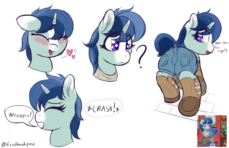 Size: 6320x4096 | Tagged: questionable, artist:frosthawkpone, derpibooru import, oc, oc:mnemosyne, pony, unicorn, pony town, blushing, boots, butt, clothes, female, filly, foal, foalcon, horn, image, jpeg, shoes, shorts, speech bubble, text, underage