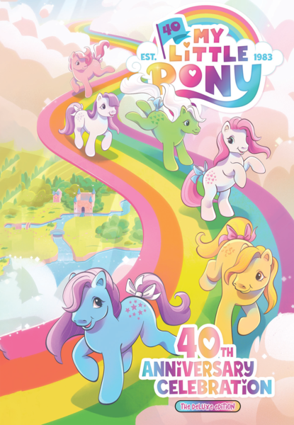 Size: 1400x2025 | Tagged: safe, artist:alexa cordeiro, derpibooru import, idw, official, blossom, blue belle, butterscotch (g1), cotton candy (g1), minty (g1), snuzzle, earth pony, pony, g1, spoiler:comic, 40th anniversary, castle, cloud, comic cover, cover, cover art, dream castle, female, image, mare, my little pony 40th anniversary special, my little pony logo, official comic, original six, png, rainbow, river, sky, text, water