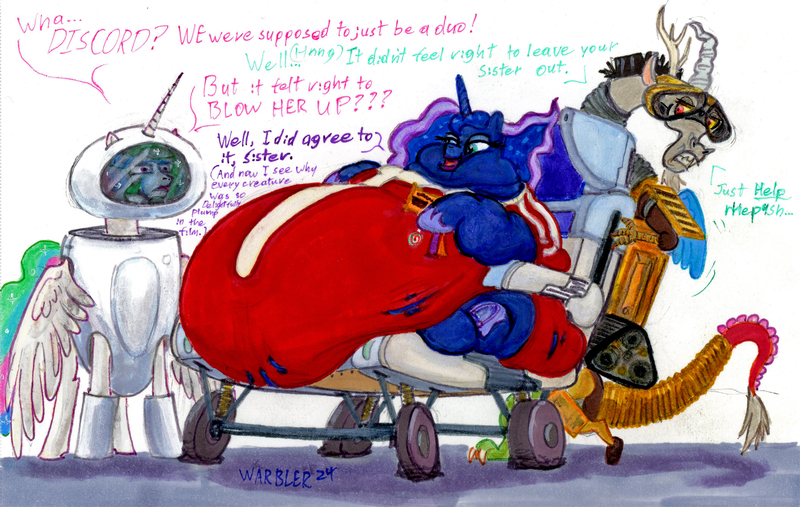 Size: 2815x1785 | Tagged: questionable, artist:white-eyed vireo, derpibooru import, discord, princess celestia, princess luna, pony, g4, belly, big belly, bingo wings, blob, butt, chubby cheeks, clothes, costume, double chin, drawing, fat, fat fetish, fetish, flabby chest, halloween, halloween 2024, halloween costume, holiday, huge belly, huge butt, image, immobile, impossibly large belly, impossibly obese, jpeg, large butt, morbidly obese, multichin, neck roll, obese, plot, rolls of fat, shipping, traditional art, underhoof, wall-e