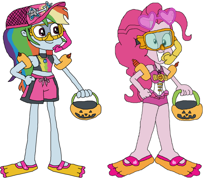 Size: 3882x3405 | Tagged: safe, artist:christian soto, derpibooru import, pinkie pie, rainbow dash, equestria girls, g4, clothes, equestria girls specials, female, flippers, geode of sugar bombs, geode of super speed, goggles, halloween, hand on hip, hat, holiday, image, magical geodes, my little pony equestria girls: better together, my little pony equestria girls: forgotten friendship, png, pumpkin bucket, simple background, smiling, snorkel, standing, sunglasses, swim mask, swimsuit, transparent background, trick or treat, water wings