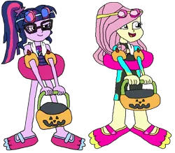 Size: 3882x3405 | Tagged: safe, artist:christian soto, derpibooru import, fluttershy, sci-twi, twilight sparkle, equestria girls, g4, clothes, equestria girls specials, female, flippers, geode of fauna, geode of telekinesis, glasses, goggles, halloween, holiday, image, inner tube, magical geodes, my little pony equestria girls: better together, my little pony equestria girls: forgotten friendship, open smile, png, pool toy, pumpkin bucket, simple background, smiling, standing, swimsuit, towel, transparent background, trick or treat, water wings, wetsuit