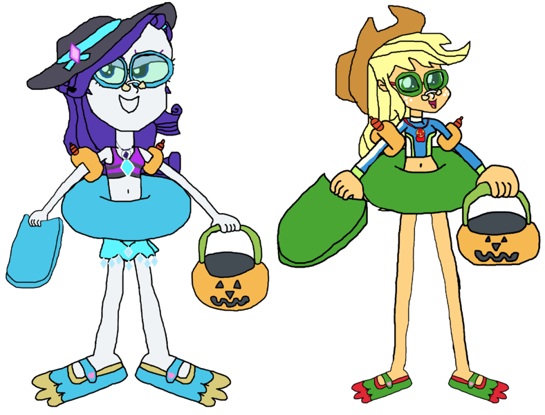 Size: 4470x3405 | Tagged: safe, artist:christian soto, derpibooru import, applejack, rarity, equestria girls, g4, clothes, equestria girls specials, female, flippers, goggles, halloween, hat, holiday, image, inner tube, my little pony equestria girls: better together, my little pony equestria girls: forgotten friendship, noseclip, png, pool toy, pumpkin bucket, simple background, sunscreen, swimsuit, transparent background, trick or treat, water wings