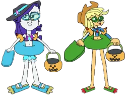 Size: 4470x3405 | Tagged: safe, artist:christian soto, derpibooru import, applejack, rarity, equestria girls, g4, clothes, equestria girls specials, female, flippers, goggles, halloween, hat, holiday, image, inner tube, my little pony equestria girls: better together, my little pony equestria girls: forgotten friendship, noseclip, png, pool toy, pumpkin bucket, simple background, sunscreen, swimsuit, transparent background, trick or treat, water wings