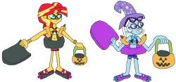 Size: 7125x3333 | Tagged: safe, artist:christian soto, derpibooru import, sunset shimmer, trixie, equestria girls, g4, bikini, clothes, equestria girls specials, female, flippers, goggles, halloween, hat, holiday, image, inner tube, lesbian, my little pony equestria girls: better together, my little pony equestria girls: forgotten friendship, noseclip, png, pool toy, pumpkin bucket, shipping, simple background, sunscreen, suntrix, swimsuit, transparent background, trick or treat, water wings