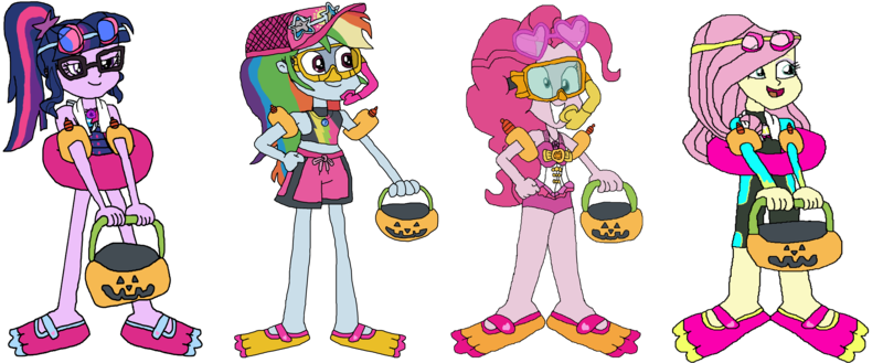 Size: 8280x3405 | Tagged: safe, artist:christian soto, derpibooru import, fluttershy, pinkie pie, rainbow dash, sci-twi, twilight sparkle, equestria girls, g4, clothes, equestria girls specials, female, flippers, glasses, goggles, halloween, hat, holiday, image, inner tube, my little pony equestria girls: better together, my little pony equestria girls: forgotten friendship, png, pool toy, pumpkin bucket, simple background, snorkel, sunglasses, swim mask, swimsuit, towel, transparent background, trick or treat, water wings, wetsuit