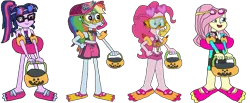 Size: 8280x3405 | Tagged: safe, artist:christian soto, derpibooru import, fluttershy, pinkie pie, rainbow dash, sci-twi, twilight sparkle, equestria girls, g4, clothes, equestria girls specials, female, flippers, glasses, goggles, halloween, hat, holiday, image, inner tube, my little pony equestria girls: better together, my little pony equestria girls: forgotten friendship, png, pool toy, pumpkin bucket, simple background, snorkel, sunglasses, swim mask, swimsuit, towel, transparent background, trick or treat, water wings, wetsuit