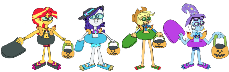 Size: 11418x3600 | Tagged: safe, artist:christian soto, derpibooru import, applejack, rarity, sunset shimmer, trixie, equestria girls, g4, bikini, clothes, equestria girls specials, female, flippers, goggles, halloween, hat, holiday, image, inner tube, my little pony equestria girls: better together, my little pony equestria girls: forgotten friendship, noseclip, png, pool toy, pumpkin bucket, simple background, sunscreen, swimsuit, transparent background, trick or treat, water wings