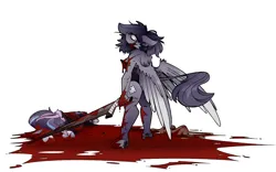 Size: 4000x2500 | Tagged: grimdark, suggestive, artist:burgivore, derpibooru import, starlight glimmer, oc, oc:vylet, anthro, pegasus, unguligrade anthro, unicorn, g4, blood, broken horn, commission, corpse, dead, female, greatsword, horn, image, looking back, monarch of monsters, murder, pegasus oc, pest, png, simple background, song art, staff, staff of sameness, sword, tail, vylet pony, weapon, white background, wings