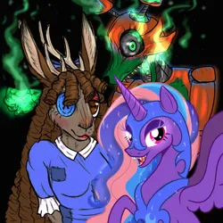 Size: 3000x3000 | Tagged: safe, artist:moondeer1616, derpibooru import, nightmare moon, oc, oc:heart sparkle, unofficial characters only, alicorn, anthro, fox, jackalope, pony, robot, g4, alicorn oc, animatronic, anthro oc, anthro with ponies, black background, clothes, cosplay, costume, crossover, female, fire, five nights at freddy's, fursona, horn, image, jewelry, looking at you, mare, mlp fim's fourteenth anniversary, nightmare night, nightmare night costume, png, ragatha, regalia, sharp teeth, simple background, teeth, trio, wings