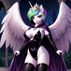 Size: 680x680 | Tagged: suggestive, ai content, derpibooru import, machine learning generated, prompter:dordrago, princess celestia, alicorn, anthro, g4, arm warmers, big breasts, breasts, busty princess celestia, cape, castle, cleavage, clothes, costume, crown, female, halloween, halloween costume, holiday, hooded cape, image, jewelry, leotard, looking at you, night, nightmare night, nightmare night costume, png, regalia, sexy, smiling, socks, solo, solo female, stars, stupid sexy celestia, thigh highs, thighs, thong leotard, thunder thighs, wings