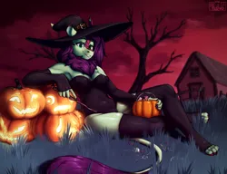 Size: 2560x1968 | Tagged: suggestive, artist:gradoge, derpibooru import, oc, oc:inky mulberry, unofficial characters only, anthro, digitigrade anthro, kirin, cameltoe, carved pumpkin, clothes, costume, erect nipples, evening gloves, eyes in the dark, female, fingerless elbow gloves, fingerless gloves, gloves, halloween, halloween costume, hat, holiday, image, kirin oc, leotard, long gloves, looking at you, nipple outline, outdoors, paws, png, pumpkin, pumpkin lantern, shapeshifter, skintight clothes, smiling, smiling at you, stockings, toeless stockings, witch, witch hat