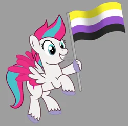 Size: 836x822 | Tagged: safe, artist:zarosianpony, derpibooru import, zipp storm, pegasus, pony, g4, g5, colored, g4 style, g5 to g4, generation leap, gray background, grin, image, leg hold, mouthpiece, nonbinary, nonbinary pride flag, png, politics, pride, pride flag, simple background, smiling, solo, spread wings, style emulation, wings