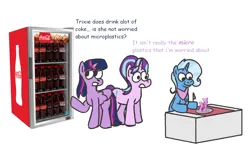 Size: 1585x955 | Tagged: safe, artist:zoeyhorse, derpibooru import, starlight glimmer, trixie, twilight sparkle, twilight sparkle (alicorn), alicorn, pony, unicorn, g4, bib, brushable, coca-cola, dialogue, female, fork, hoof hold, horn, image, knife, mare, pica, png, simple background, smiling, too dumb to live, toy, trio, trio female, white background