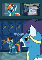 Size: 1240x1754 | Tagged: safe, artist:pbanimation0, derpibooru import, rainbow dash, soarin', pegasus, pony, g4, wonderbolts academy, blue fur, blue hair, blushing, clothes, comic, dialogue, duo, duo male and female, female, green eyes, image, jpeg, light blue coat, male, multicolored hair, pink eyes, rainbow hair, shipping, soarindash, straight, uniform, wonderbolt flying googles, wonderbolt locker room, wonderbolts, wonderbolts uniform