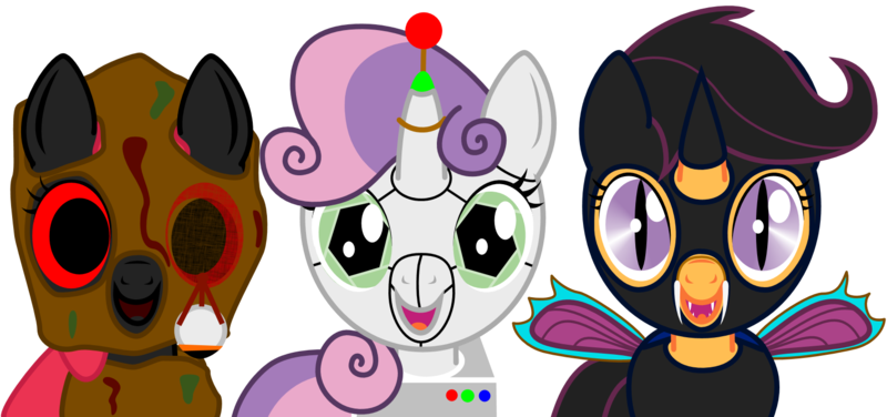 Size: 1594x749 | Tagged: safe, derpibooru import, apple bloom, scootaloo, sweetie belle, changeling, earth pony, ghoul, pony, robot, robot pony, undead, unicorn, fanfic:undead robot bug crusaders, story of the blanks, g4, antenna, blanked apple bloom, cardboard wings, changelingified, clothes, costume, cutie mark crusaders, derpibooru exclusive, dyed mane, dyed tail, fake blood, fake fangs, fake wings, fanfic art, female, filly, foal, horn, image, looking at you, mlp fim's fourteenth anniversary, nightmare night, png, red sclera, scootaling, smiling, species swap, sweetie bot, tail, trio