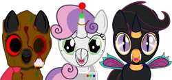 Size: 1594x749 | Tagged: safe, derpibooru import, apple bloom, scootaloo, sweetie belle, changeling, earth pony, ghoul, pony, robot, robot pony, undead, unicorn, fanfic:undead robot bug crusaders, story of the blanks, g4, antenna, blanked apple bloom, cardboard wings, changelingified, clothes, costume, cutie mark crusaders, derpibooru exclusive, dyed mane, dyed tail, fake blood, fake fangs, fake wings, fanfic art, female, filly, foal, horn, image, looking at you, mlp fim's fourteenth anniversary, nightmare night, png, red sclera, scootaling, smiling, species swap, sweetie bot, tail, trio