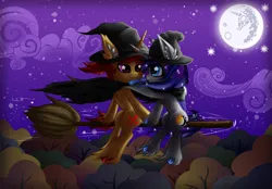 Size: 2800x1950 | Tagged: safe, artist:sunamoonmlp, derpibooru import, oc, oc:sunamoon, alicorn, pony, unicorn, g4, broom, clothes, cloud, costume, cute, derpibooru exclusive, duo, female, flying, forest, halloween, halloween 2024, halloween costume, hat, holiday, horn, image, male, mare, mlp fim's fourteenth anniversary, moon, moonlight, nature, night, nightmare night, nightmare night costume, png, stallion, stars, tree, wings, witch, witch costume, witch hat