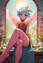 Size: 832x1216 | Tagged: safe, ai content, derpibooru import, machine learning generated, prompter:stoneifisaunt, cozy glow, human, g4, crossed legs, female, humanized, image, jpeg, looking at you, smiling, smiling at you, solo, spread wings, winged humanization, wings